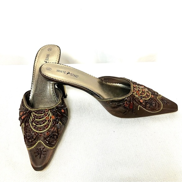 WHITE STAG Bohemian Retro Brown Mules with Bronze & Gold Beaded Embroidery - Picture 8 of 10